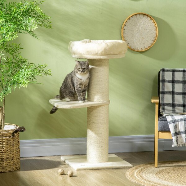 AllMyPets Albero Tiragraffi per Gatti Alto 105 cm con Palo Graffiatoio in Sisal Cestino Pallina Sospesa in Peluche colore Beige