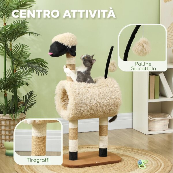 AllMyPets Albero Tiragraffi per Gatti a Forma di Pecora con Naso Nero Pali in Juta Tunnel e Pallina colore Marrone Chiaro