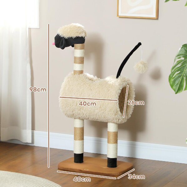AllMyPets Albero Tiragraffi per Gatti a Forma di Pecora con Naso Nero Pali in Juta Tunnel e Pallina colore Marrone Chiaro