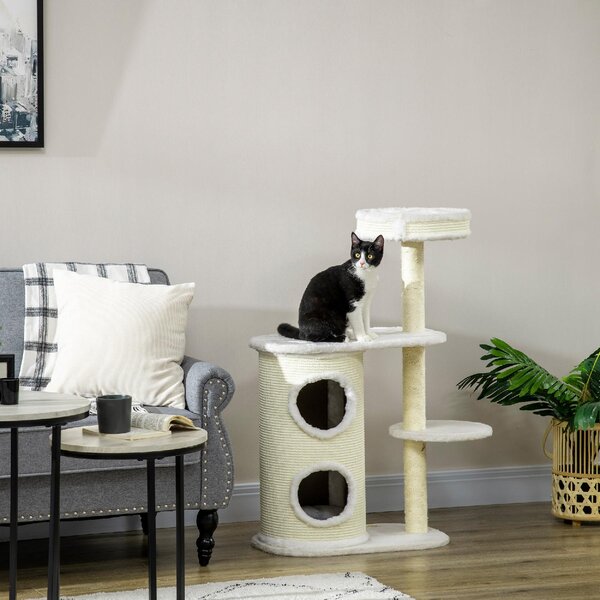 AllMyPets Albero Tiragraffi per Gatti Alto 100 cm con Palo Graffiatoio in Sisal Cesto e Casetta a 2 Livelli colore Crema