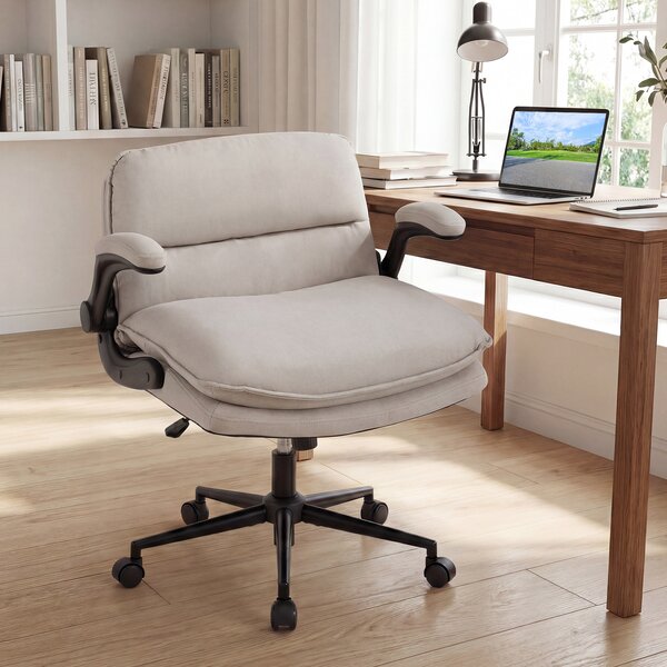 Costway Sedia da ufficio con funzione dondolo e altezza regolabile, Poltrona relax con braccioli ribaltabili e 5 ruote portata 150 kg Beige