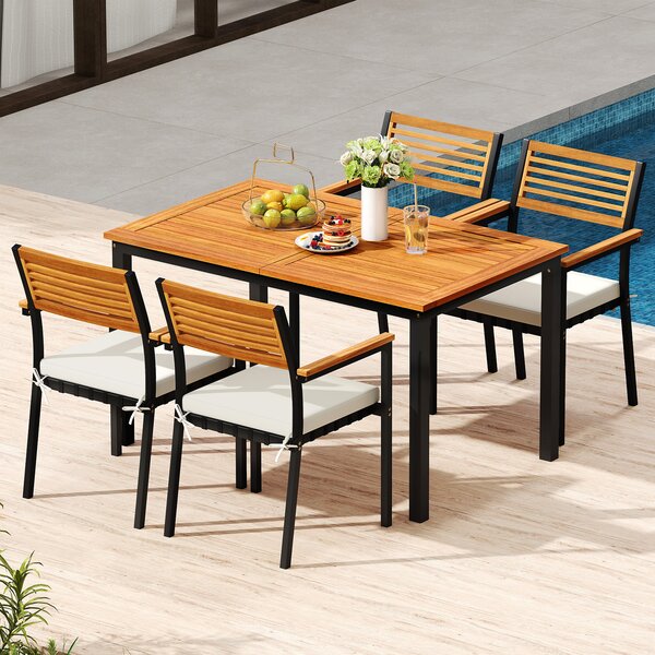 Costway Tavolo allungabile e 6 sedie da esterno tavolo con foro per ombrellone, Pranzo da giardino in legno massello e metallo