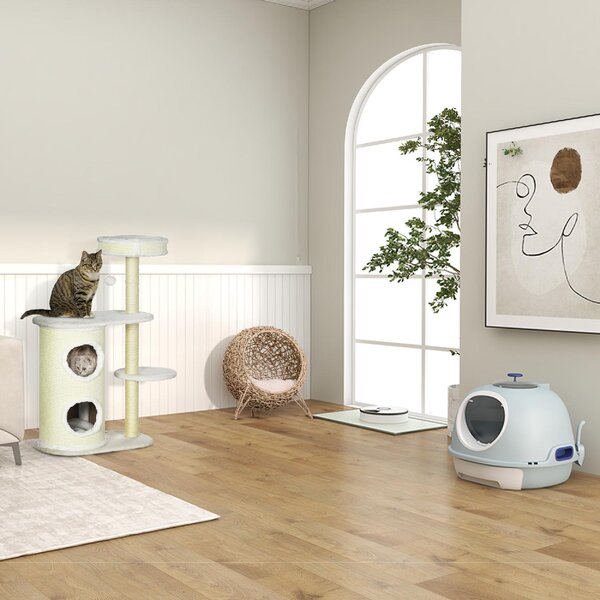 AllMyPets Albero Tiragraffi per Gatti Alto 100 cm con Palo Graffiatoio in Sisal Cesto e Casetta a 2 Livelli colore Crema