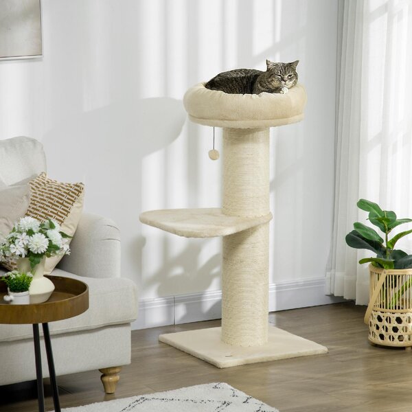 AllMyPets Albero Tiragraffi per Gatti Alto 105 cm con Palo Graffiatoio in Sisal Cestino Pallina Sospesa in Peluche colore Beige