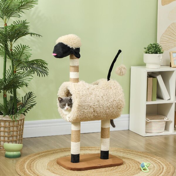 AllMyPets Albero Tiragraffi per Gatti a Forma di Pecora con Naso Nero Pali in Juta Tunnel e Pallina colore Marrone Chiaro