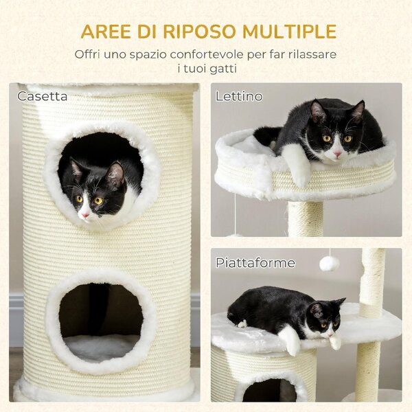 AllMyPets Albero Tiragraffi per Gatti Alto 100 cm con Palo Graffiatoio in Sisal Cesto e Casetta a 2 Livelli colore Crema