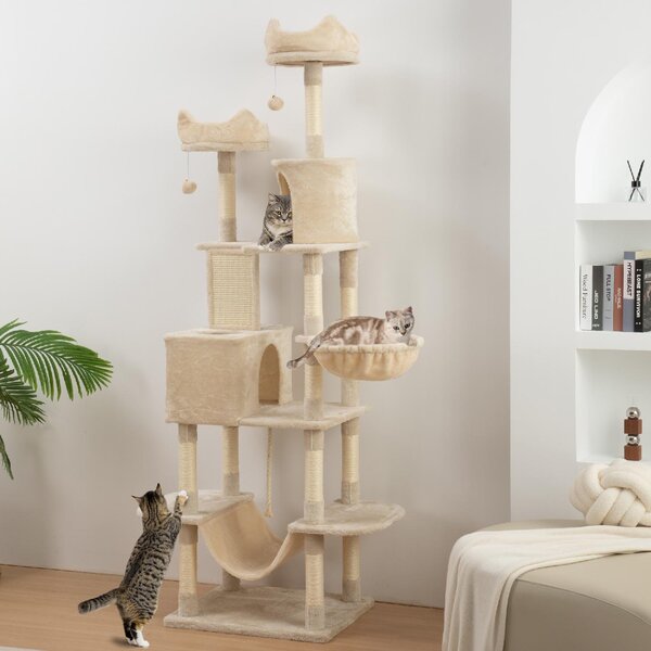 AllMyPets Albero Tiragraffi per Gatti Alto 206 cm con 4 Pali Graffiatoi Grotte Cesti Amache per 1-3 Gattini 6 kg colore Beige