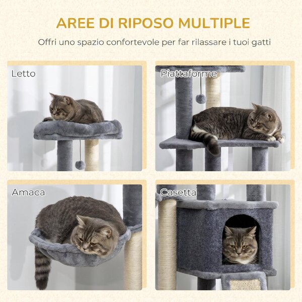 AllMyPets Albero Tiragraffi per Gatti Alto 127 cm con Pali Graffiatoi in Sisal Rampa Cesto Cuccia Amaca colore Grigio