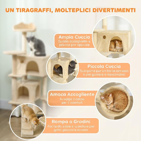 AllMyPets Albero Tiragraffi per Gatti Alto 140 cm con 2 Casette Amaca Lettino e Pali in Sisal colore Beige