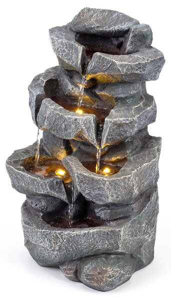 Costway Fontana da giardino a 5 Livelli con effetto di pietra a forma di roccia, Fontanella elettrica in resina con luci e flusso d'acqua regolabile