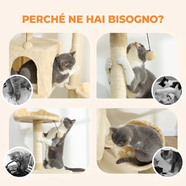 AllMyPets Albero Tiragraffi per Gatti Alto 140 cm con 2 Casette Amaca Lettino e Pali in Sisal colore Beige