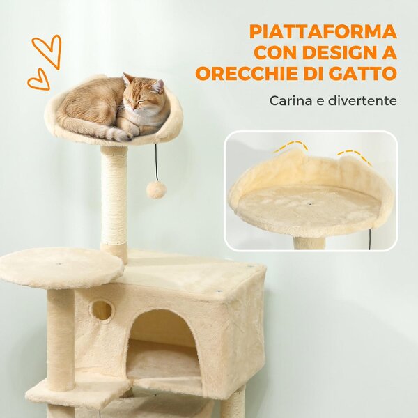 AllMyPets Albero Tiragraffi per Gatti Alto 140 cm con 2 Casette Amaca Lettino e Pali in Sisal colore Beige