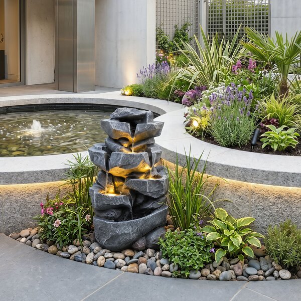 Costway Fontana da giardino a 5 Livelli con effetto di pietra a forma di roccia, Fontanella elettrica in resina con luci e flusso d'acqua regolabile