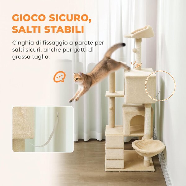 AllMyPets Albero Tiragraffi per Gatti Alto 140 cm con 2 Casette Amaca Lettino e Pali in Sisal colore Beige