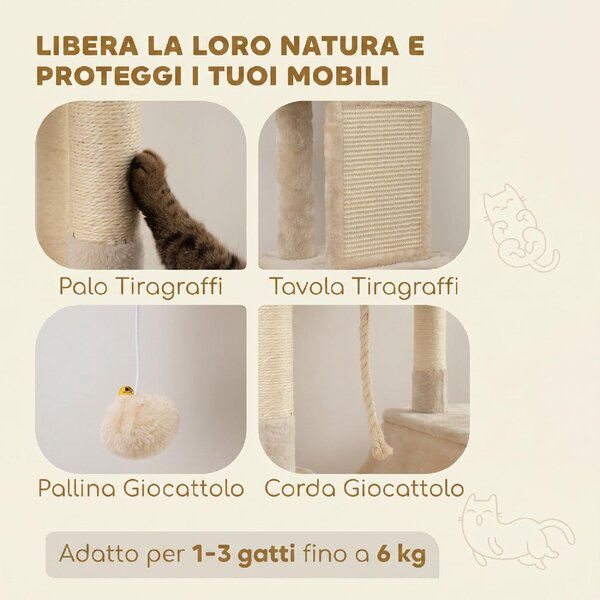 AllMyPets Albero Tiragraffi per Gatti Alto 206 cm con 4 Pali Graffiatoi Grotte Cesti Amache per 1-3 Gattini 6 kg colore Beige