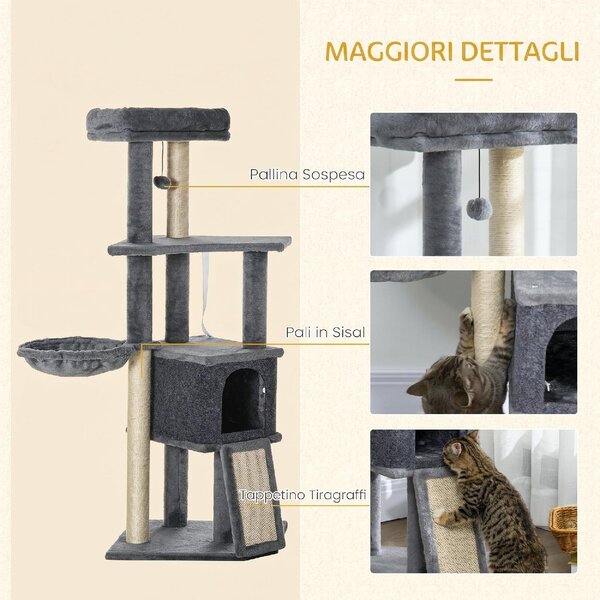 AllMyPets Albero Tiragraffi per Gatti Alto 127 cm con Pali Graffiatoi in Sisal Rampa Cesto Cuccia Amaca colore Grigio