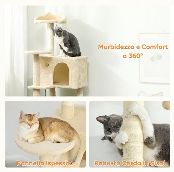 AllMyPets Albero Tiragraffi per Gatti Alto 140 cm con 2 Casette Amaca Lettino e Pali in Sisal colore Beige