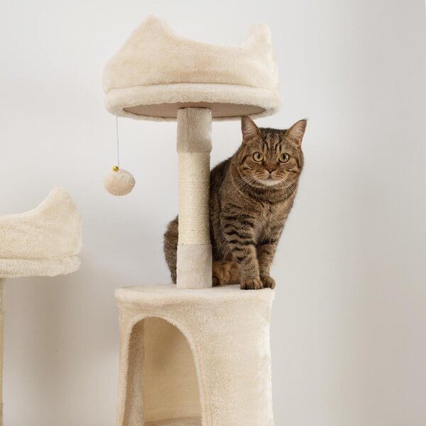 AllMyPets Albero Tiragraffi per Gatti Alto 206 cm con 4 Pali Graffiatoi Grotte Cesti Amache per 1-3 Gattini 6 kg colore Beige