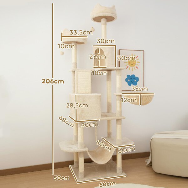 AllMyPets Albero Tiragraffi per Gatti Alto 206 cm con 4 Pali Graffiatoi Grotte Cesti Amache per 1-3 Gattini 6 kg colore Beige