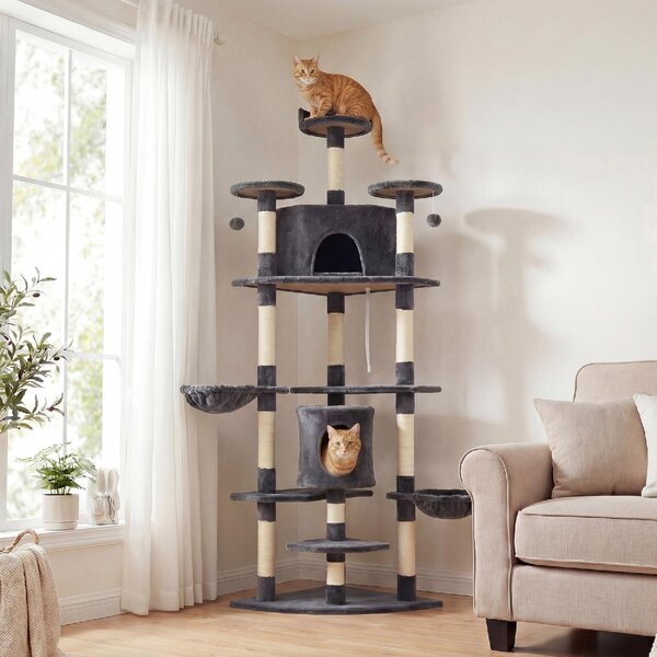 AllMyPets Albero Tiragraffi per Gatti Alto con Casette e Amache 60x60x200 cm colore Grigio Scuro