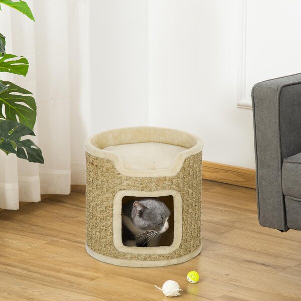 AllMyPets Albero Tiragraffi per Gatti Alto 37 cm a 2 Livelli con Nicchia e Corda in Sisal Fino a 5 kg colore Cachi