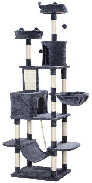 AllMyPets Albero Tiragraffi per Gatti Alto 206 cm con 4 Pali Graffiatoi Grotte Cesti Amache per 1-3 Gattini 6 kg colore Grigio Scuro