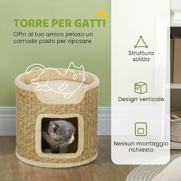 AllMyPets Albero Tiragraffi per Gatti Alto 37 cm a 2 Livelli con Nicchia e Corda in Sisal Fino a 5 kg colore Cachi