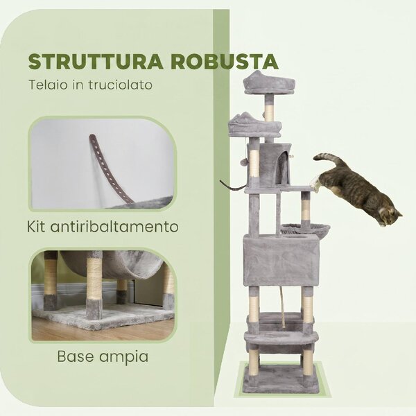AllMyPets Albero Tiragraffi per Gatti Alto 206 cm con 4 Pali Graffiatoi Grotte Cesti Amache per 1-3 Gattini 6 kg colore Grigio Chiaro
