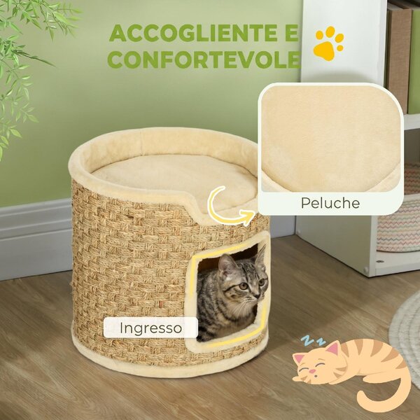 AllMyPets Albero Tiragraffi per Gatti Alto 37 cm a 2 Livelli con Nicchia e Corda in Sisal Fino a 5 kg colore Cachi