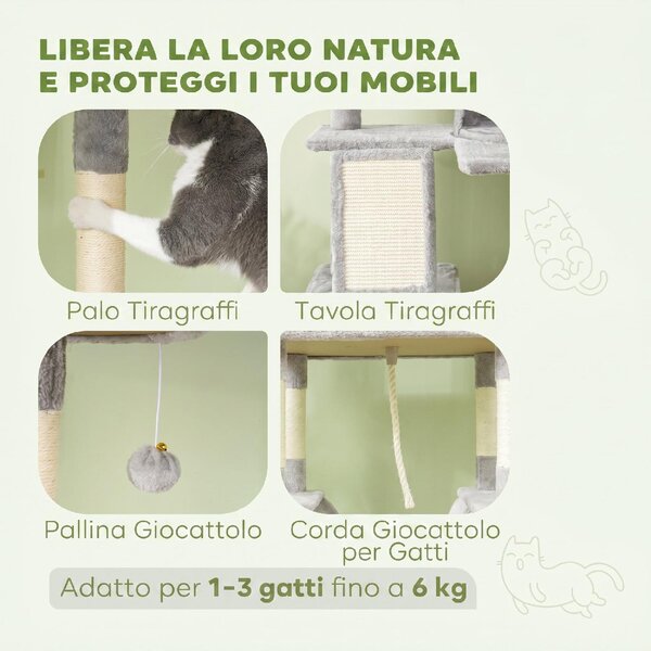 AllMyPets Albero Tiragraffi per Gatti Alto 206 cm con 4 Pali Graffiatoi Grotte Cesti Amache per 1-3 Gattini 6 kg colore Grigio Chiaro
