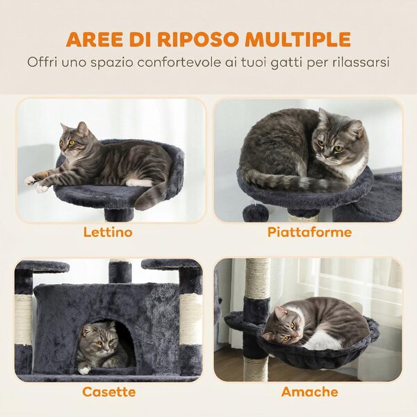 AllMyPets Albero Tiragraffi per Gatti Alto con Casette e Amache 60x60x200 cm colore Grigio Scuro