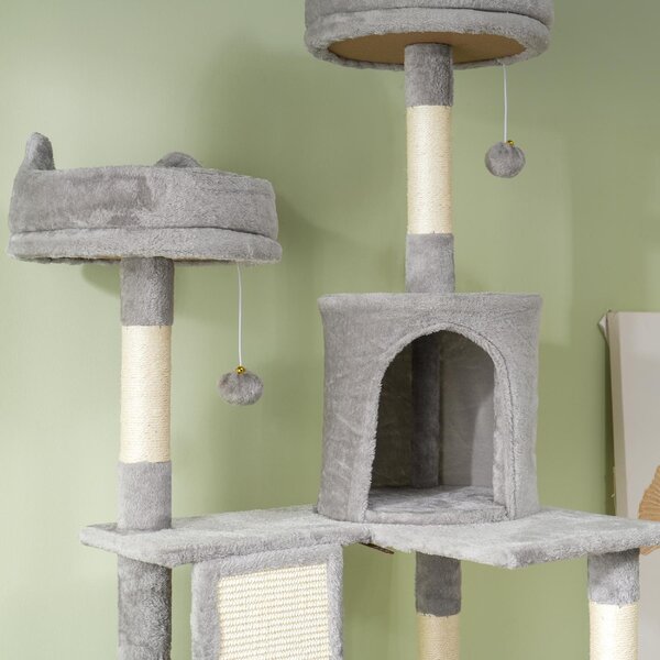 AllMyPets Albero Tiragraffi per Gatti Alto 206 cm con 4 Pali Graffiatoi Grotte Cesti Amache per 1-3 Gattini 6 kg colore Grigio Chiaro