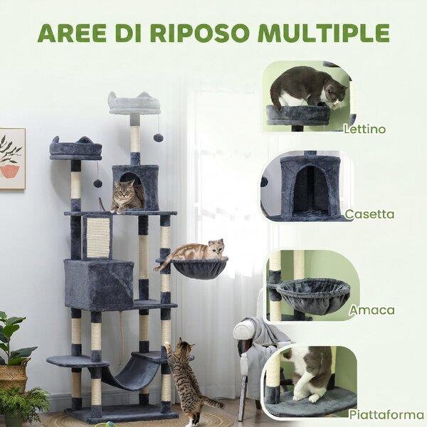 AllMyPets Albero Tiragraffi per Gatti Alto 206 cm con 4 Pali Graffiatoi Grotte Cesti Amache per 1-3 Gattini 6 kg colore Grigio Scuro