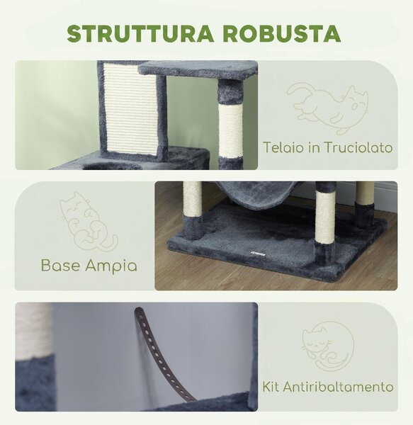 AllMyPets Albero Tiragraffi per Gatti Alto 206 cm con 4 Pali Graffiatoi Grotte Cesti Amache per 1-3 Gattini 6 kg colore Grigio Scuro