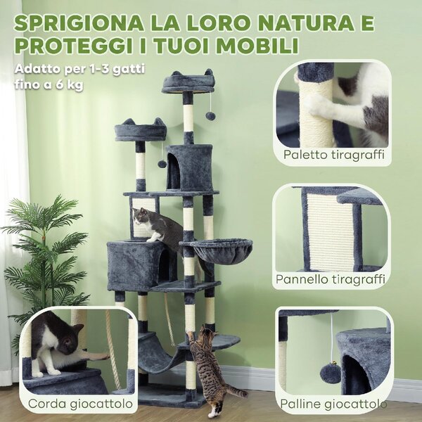 AllMyPets Albero Tiragraffi per Gatti Alto 206 cm con 4 Pali Graffiatoi Grotte Cesti Amache per 1-3 Gattini 6 kg colore Grigio Scuro