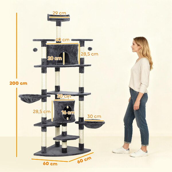 AllMyPets Albero Tiragraffi per Gatti Alto con Casette e Amache 60x60x200 cm colore Grigio Scuro