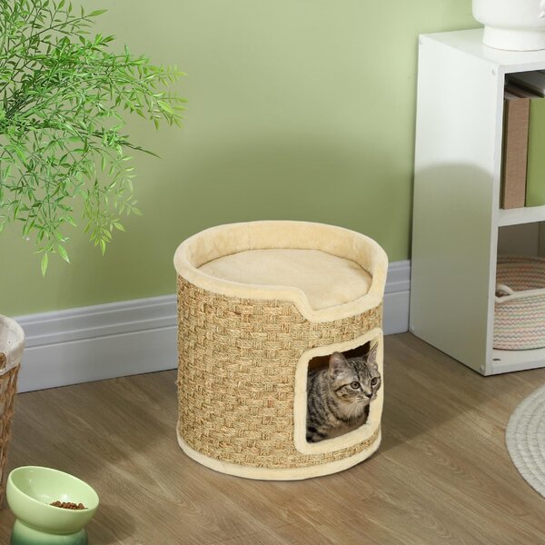 AllMyPets Albero Tiragraffi per Gatti Alto 37 cm a 2 Livelli con Nicchia e Corda in Sisal Fino a 5 kg colore Cachi
