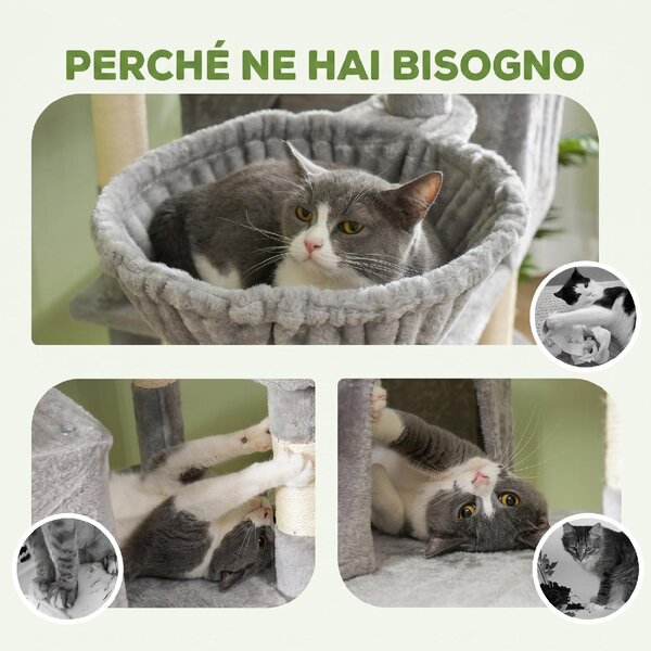 AllMyPets Albero Tiragraffi per Gatti Alto 206 cm con 4 Pali Graffiatoi Grotte Cesti Amache per 1-3 Gattini 6 kg colore Grigio Chiaro