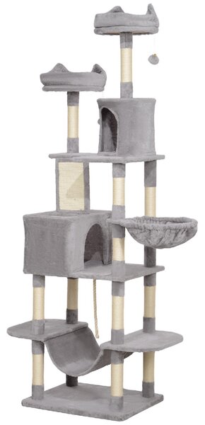 AllMyPets Albero Tiragraffi per Gatti Alto 206 cm con 4 Pali Graffiatoi Grotte Cesti Amache per 1-3 Gattini 6 kg colore Grigio Chiaro