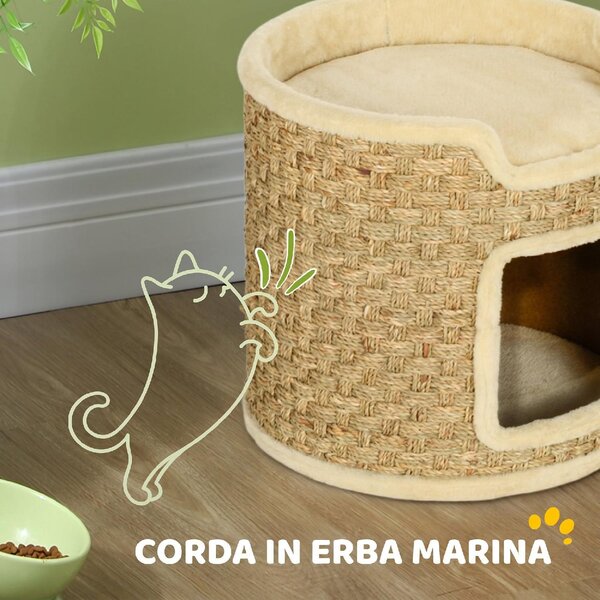 AllMyPets Albero Tiragraffi per Gatti Alto 37 cm a 2 Livelli con Nicchia e Corda in Sisal Fino a 5 kg colore Cachi