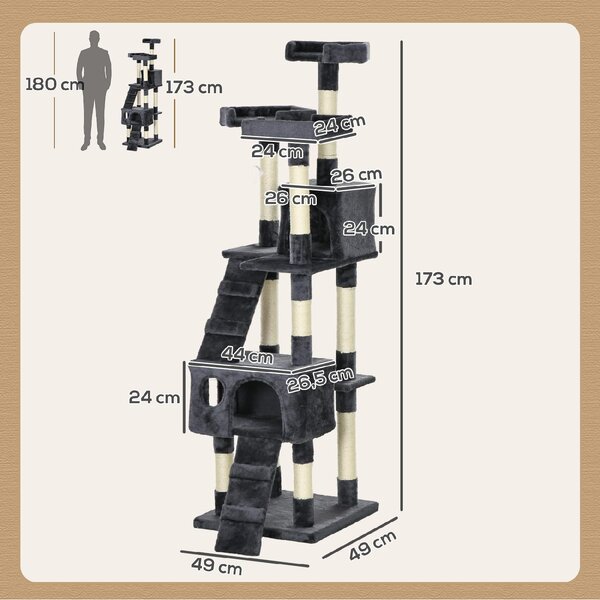 AllMyPets Albero Tiragraffi per Gatti con 3 Posatoi 2 Casette e Giochi Appesi in Legno e Peluche colore Grigio Scuro
