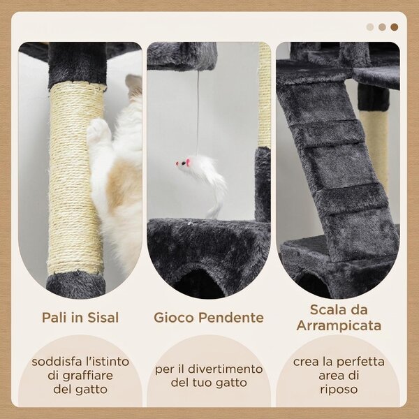 AllMyPets Albero Tiragraffi per Gatti con 3 Posatoi 2 Casette e Giochi Appesi in Legno e Peluche colore Grigio Scuro