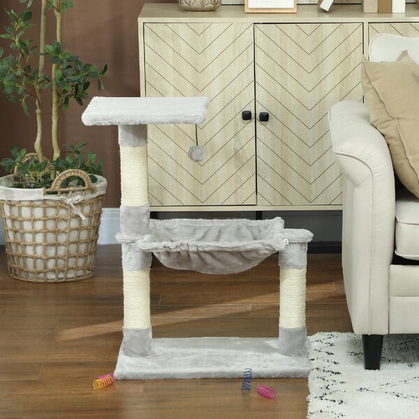 AllMyPets Albero Tiragraffi per Gatti Multilivello con Amaca e Pallina Appesa in Legno e Peluche 50x36x70 cm colore Grigio Chiaro