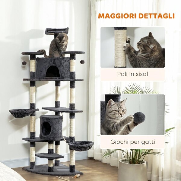 AllMyPets Albero Tiragraffi per Gatti Alto con Casette e Amache 60x60x200 cm colore Grigio Scuro
