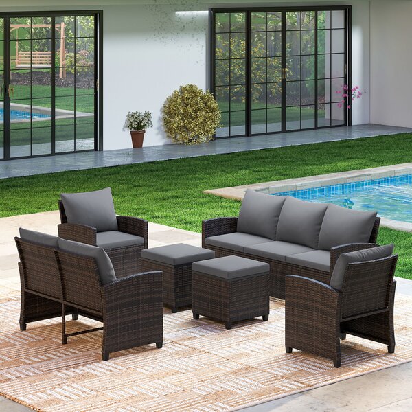Costway Set salotto da esterno in rattan PE con divano a 3 posti divano a 2 posti, Set da giardino con 2 poltrone e 2 poggiapiedi Grigio