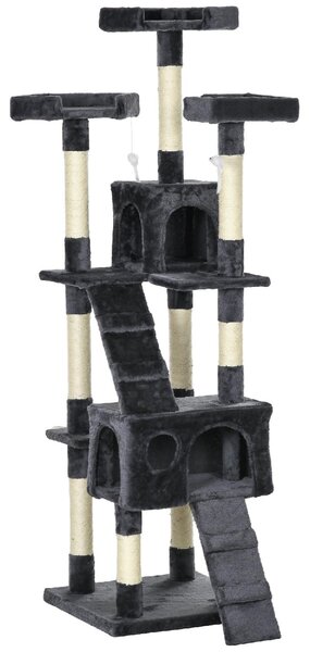 AllMyPets Albero Tiragraffi per Gatti con 3 Posatoi 2 Casette e Giochi Appesi in Legno e Peluche colore Grigio Scuro