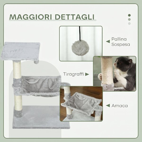 AllMyPets Albero Tiragraffi per Gatti Multilivello con Amaca e Pallina Appesa in Legno e Peluche 50x36x70 cm colore Grigio Chiaro
