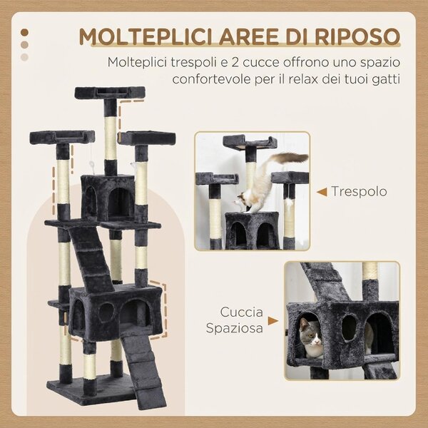 AllMyPets Albero Tiragraffi per Gatti con 3 Posatoi 2 Casette e Giochi Appesi in Legno e Peluche colore Grigio Scuro