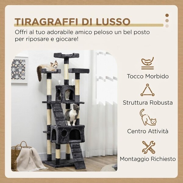 AllMyPets Albero Tiragraffi per Gatti con 3 Posatoi 2 Casette e Giochi Appesi in Legno e Peluche colore Grigio Scuro