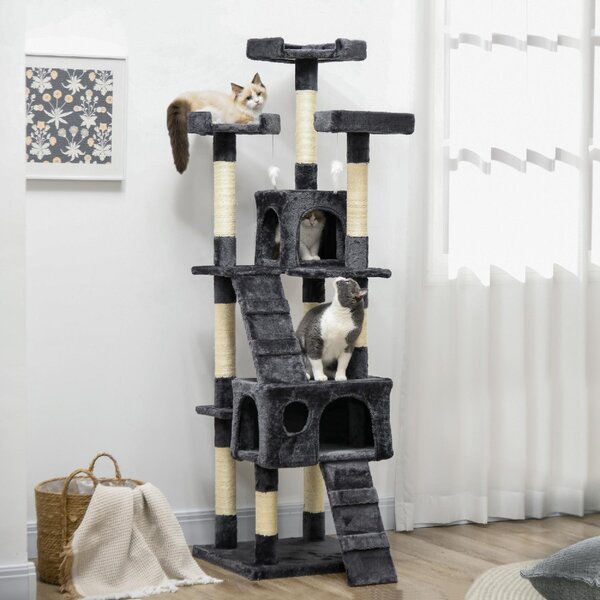 AllMyPets Albero Tiragraffi per Gatti con 3 Posatoi 2 Casette e Giochi Appesi in Legno e Peluche colore Grigio Scuro